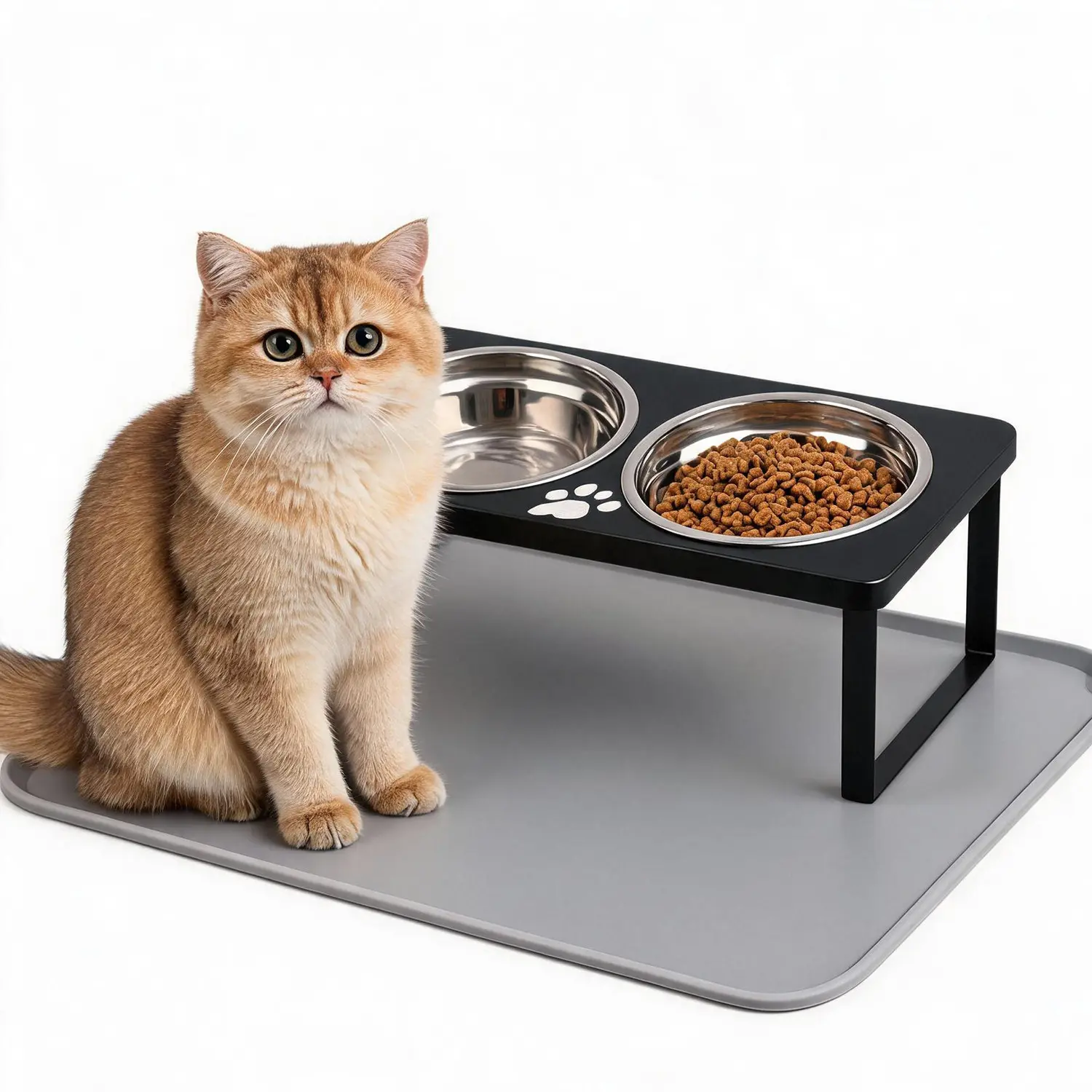 Elevated Food Bowl for Indoor Cats, Black Elevated Water Bowl Puppy Feeding Station, Includes 2 Stainless Steel Bowls, Pet Tableware, Easy to Assemble, for Cats and Puppies