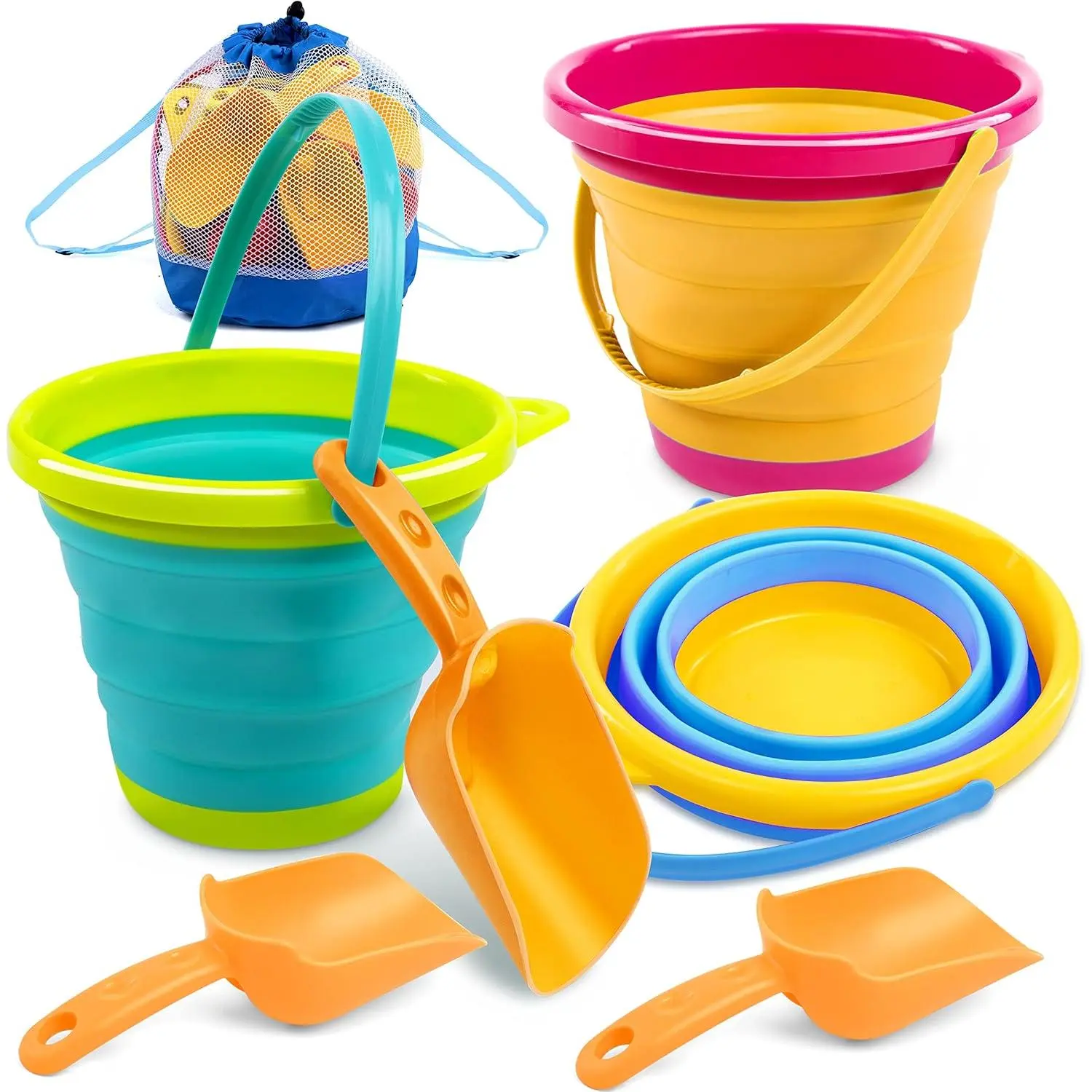3 Pack Foldable Pail Buckets with Shovels & Mesh Bag - Collapsible Multi Purpose for Beach, Camping, Fishing, Party and Summer Activities (Yellow/Blue/Green)