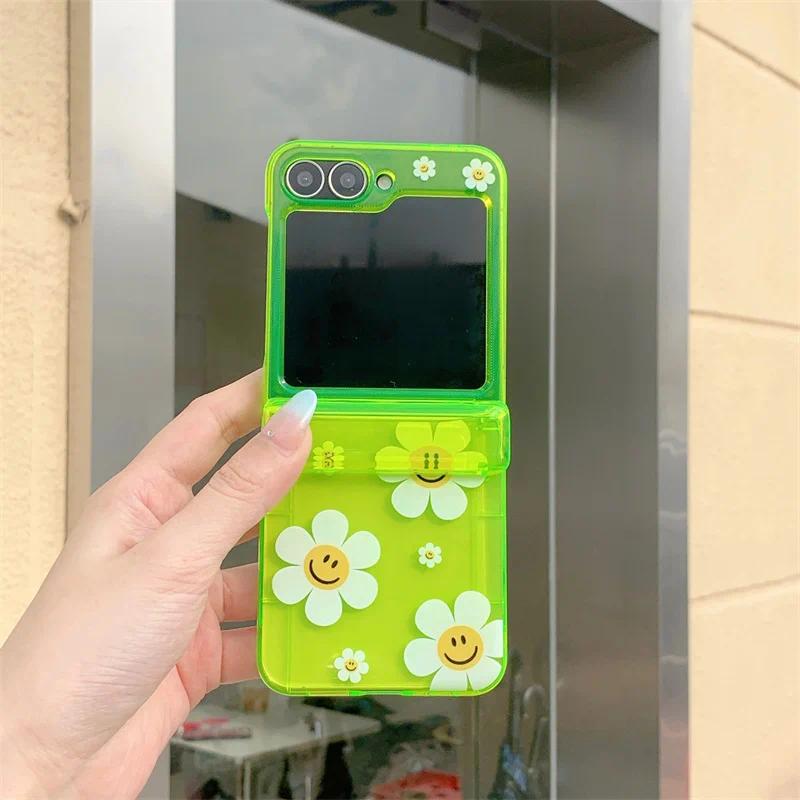 Phone Case For Samsung Galaxy Z Flip 7 FE 6 5 4 3 Fluorescent Green Insert Cards Cute Flower Stand Bracelet Shockproof Cover