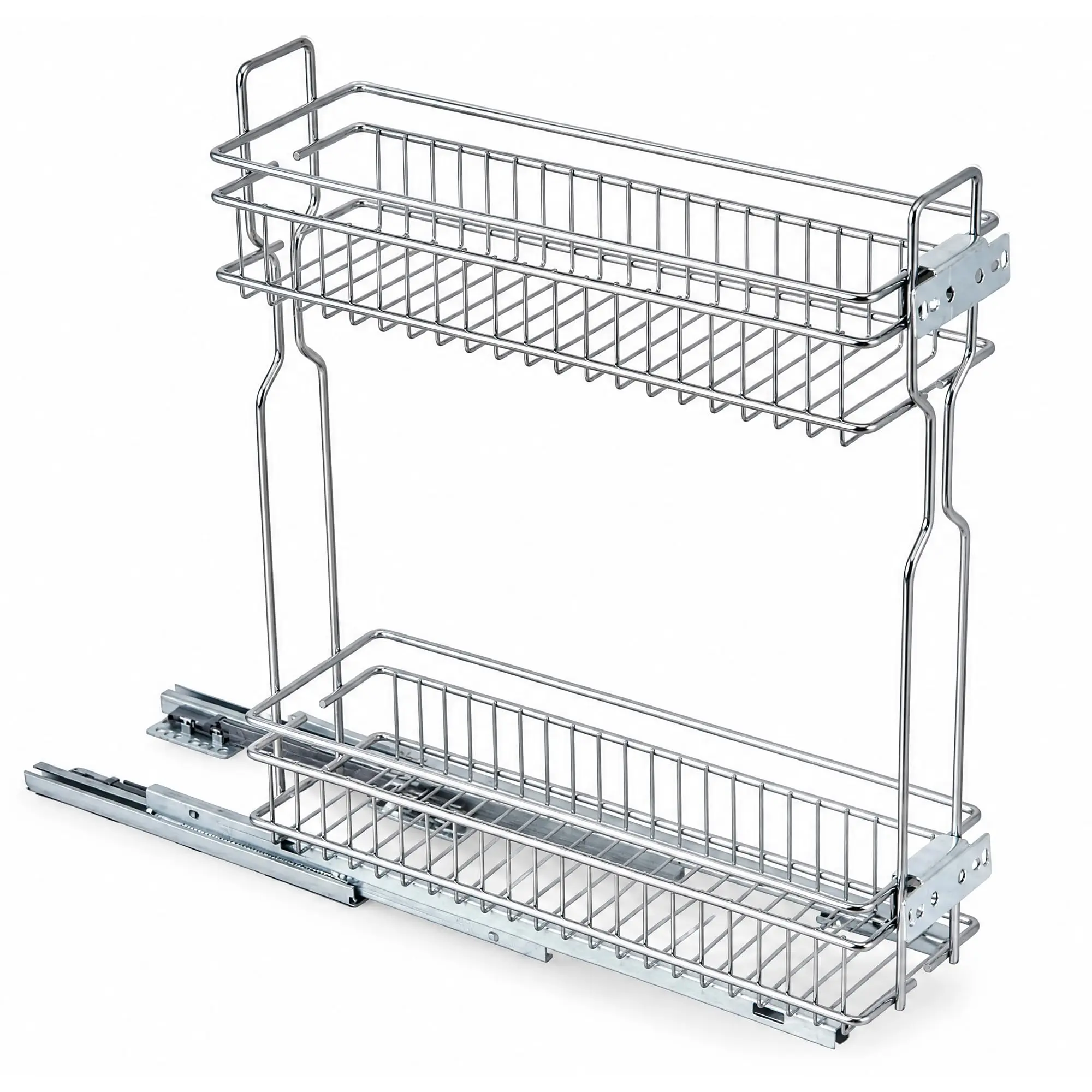 Heavy Duty 2-Tier Pull-Out Cabinet Organizer - Chrome Slide-Out Spice Rack for Frameless Kitchen Cabinets - Full Extension Ball Bearing Glides - Silent Storage