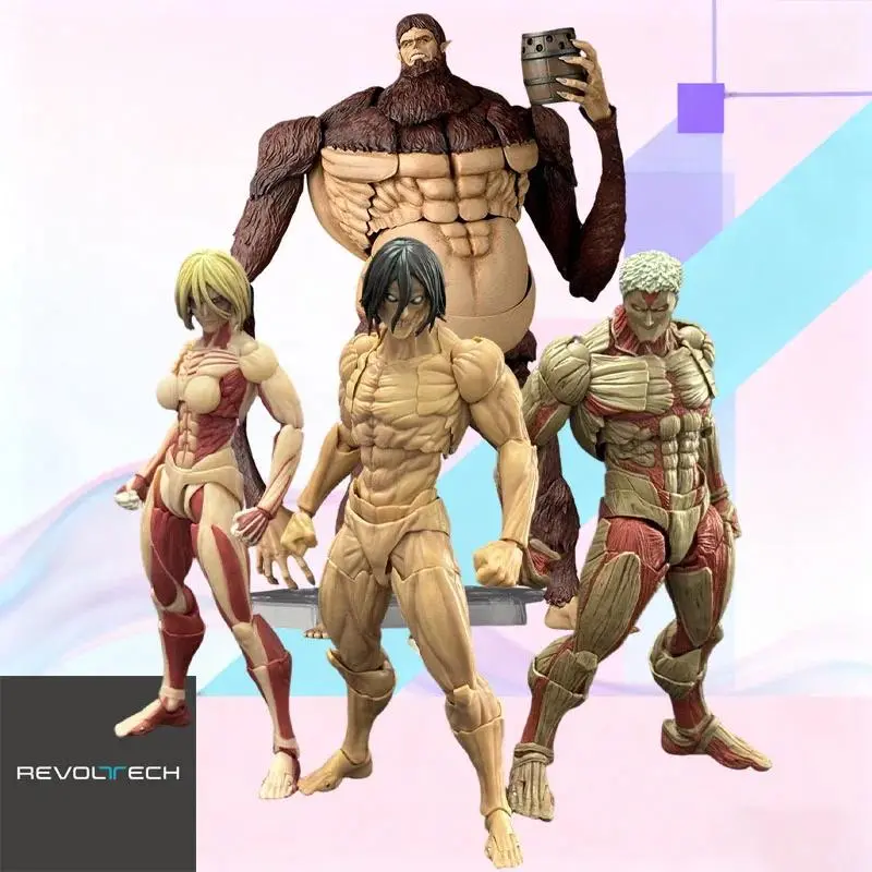 100% Genuine Original Kaiyodo Revoltech Amazing Yamaguchi Attack on Titan Anime Action Figure Set - Beast, Armored, Female, Stands, Box, In Stock