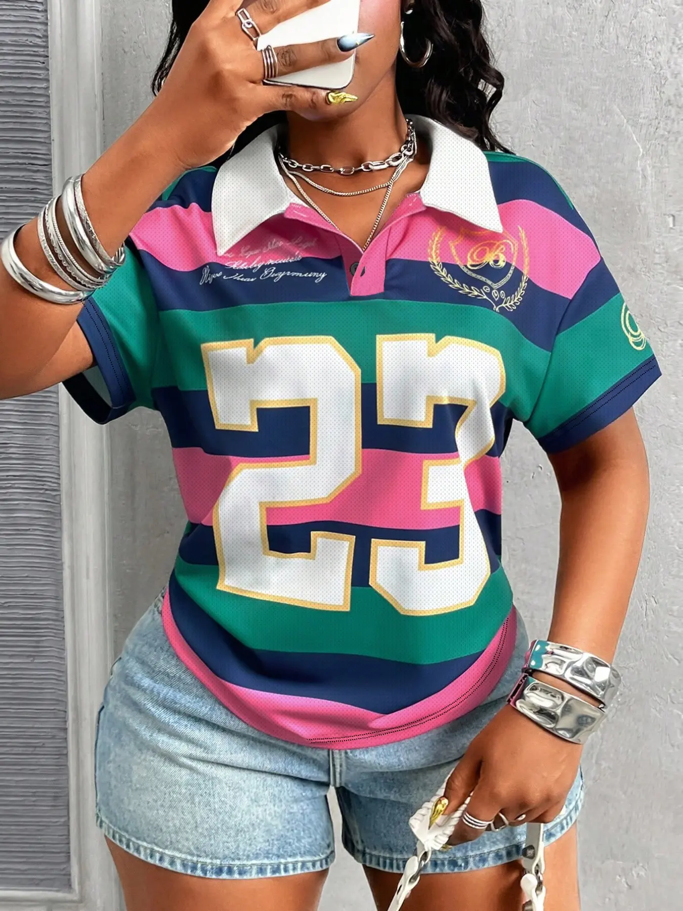 Women's Colorblock Striped & No.23 Print Polo Shirt, Loose Street Style Short Sleeve Collared Top, Casual Summer Wear, Casual Polo Shirts