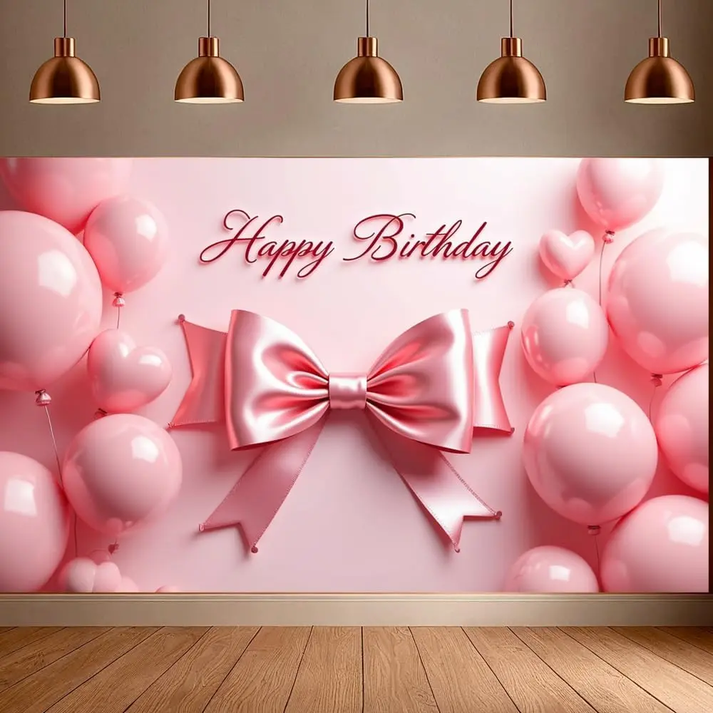 Bow Birthday Banner Backdrop  Bow Happy Birthday Party Decoration Photography Background for Women Girl ( Bow A)