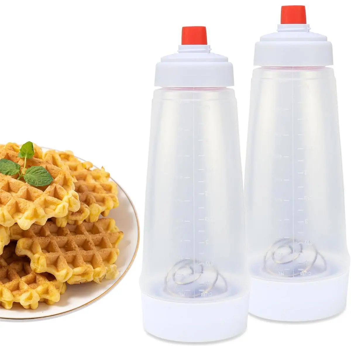 2-Pack 33 Oz Durable Reusable Silicone Pancake Batter Mixer & Dispenser Bottle - Kitchen Gadgets, Baking Tool with BlenderBall Mix, Scale Lines, Detachable Base, Wide-Mouth Fill, Wide-Aperture Pour, 2-Pack for Batches, Fast Easy Cleaning, Smooth Pour
