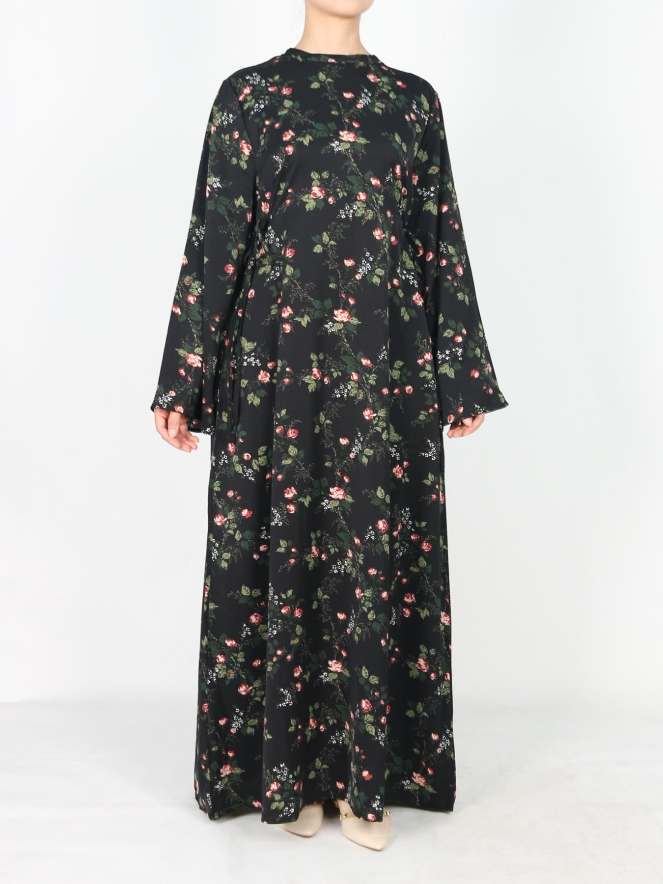 Women's Tie Side Zipper Back Dress, Elegant Long Sleeve Belted Abaya Dress for Daily Wear, Ladies Islamic Clothing for All Seasons