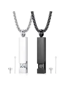 2 Pcs Silvery Black 316L Stainless Steel Bar Urn Necklaces for Men Women Vertical Rectangle Cremation Ashes Pendant with Zirconia Memorial Keepsake Ash Locket Jewelry with Filling Kit Custom Engravable Urn Necklace Set Engraved Necklace