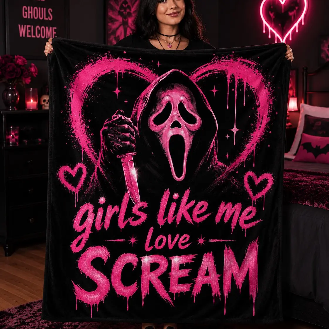 Pink Gothic Ghostface Scream Heart Drip Flannel Blanket, "Girls Like Me Love Scream" Horror Movie Throw Blanket, Spooky Season Cute Dark Bedroom Decor Blanket