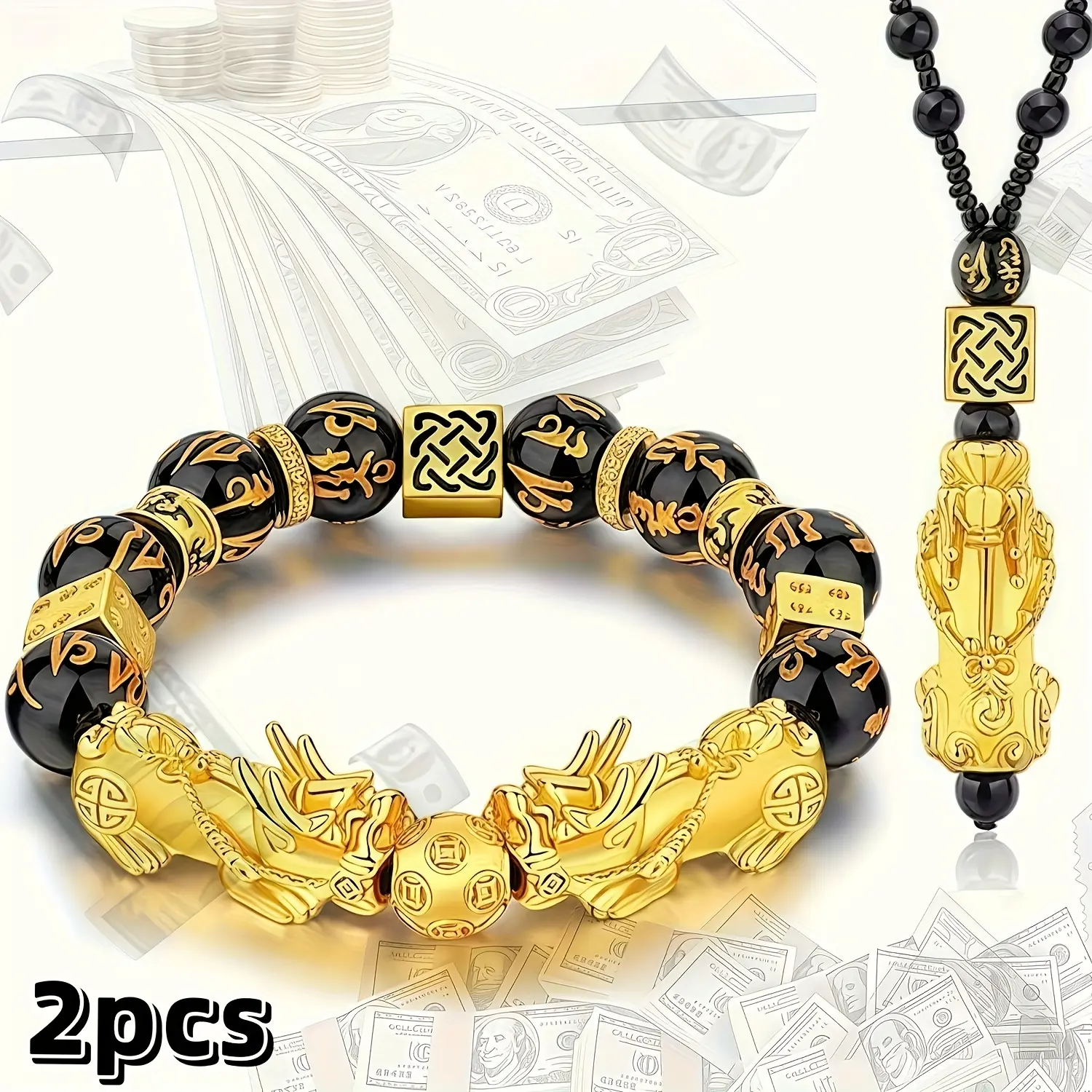 Unisex 2-Pcs Pixiu Wealth Jewelry Set - Black Mantra Glass Bead Double Pixiu Elastic Thread Bracelet, Alloy Dice Spacers Necklace, Animals-Themed Feng Shui Accessory for Blocking Negative Energy & Good Luck