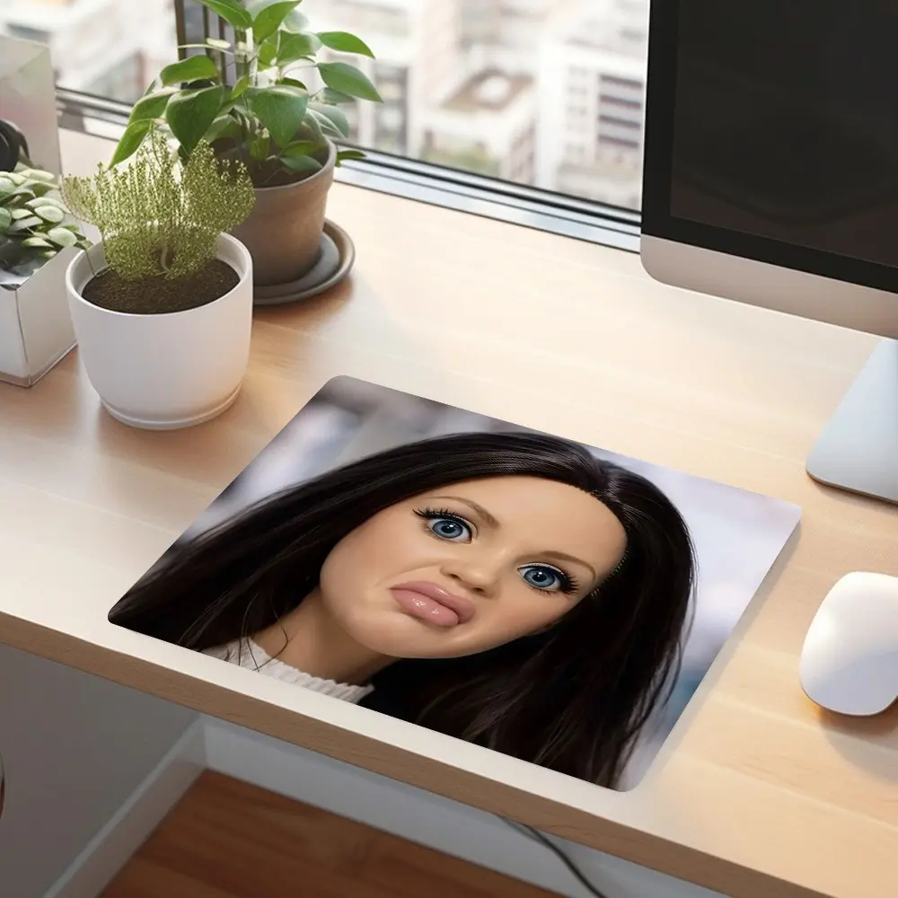 Pouty Skeptical Black Hair Doll Small Square Rubber Mouse Pad, Sassy Moody Doll Meme Graphic, Stitched Lock Edge Non-Slip Scratch Resistant Desk Mat, Smooth Fabric For Trend Fans, Gamers, Students Office Workers, Irritated Relatable Desktop Decor Gift