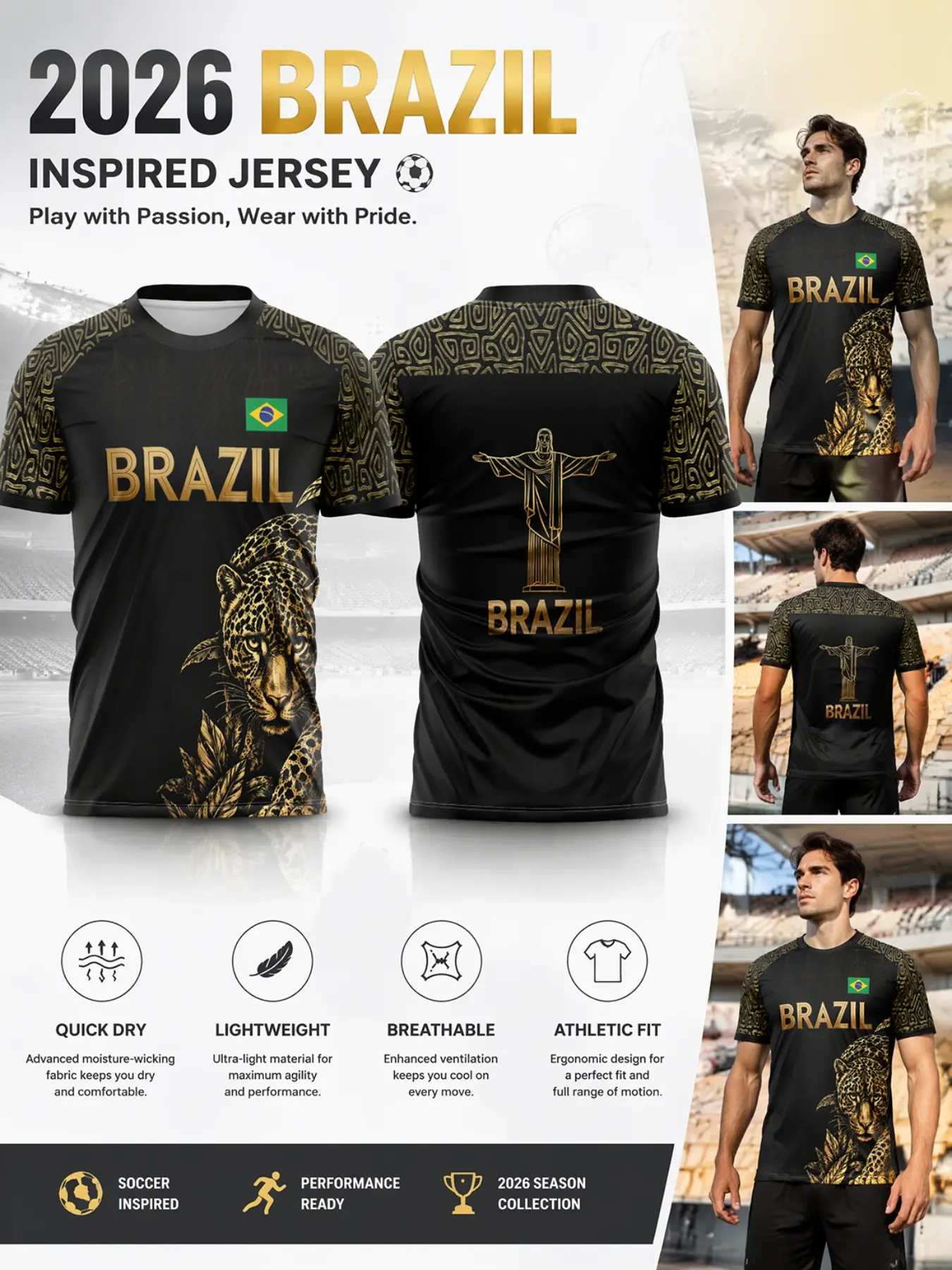 2026 Brazil Soccer Short Sleeve Jersey, Mesh Christ Savior Indigenous Geometric Print, Quick-Dry Breathable Sporty T-Shirt for Fans