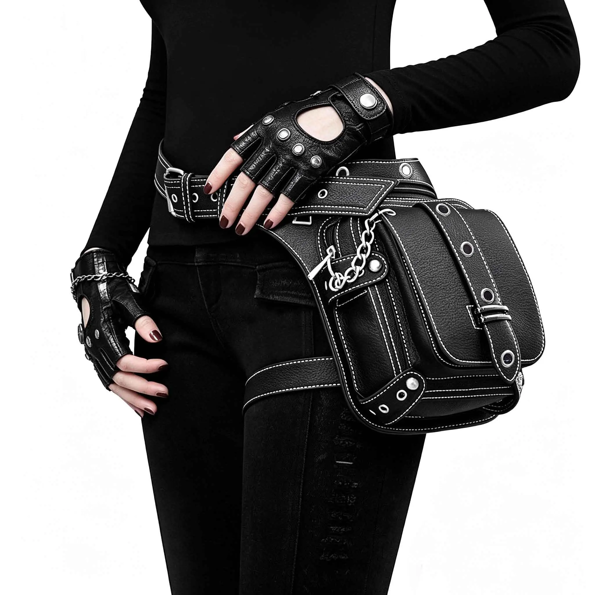 Steampunk Waist Bag Fanny Pack Fashion Gothic Leather Shoulder Crossbody Messenger Bags Thigh Leg Hip Holster Purse Travel Pouch Hiking Sport Chain Bags for Women Men
