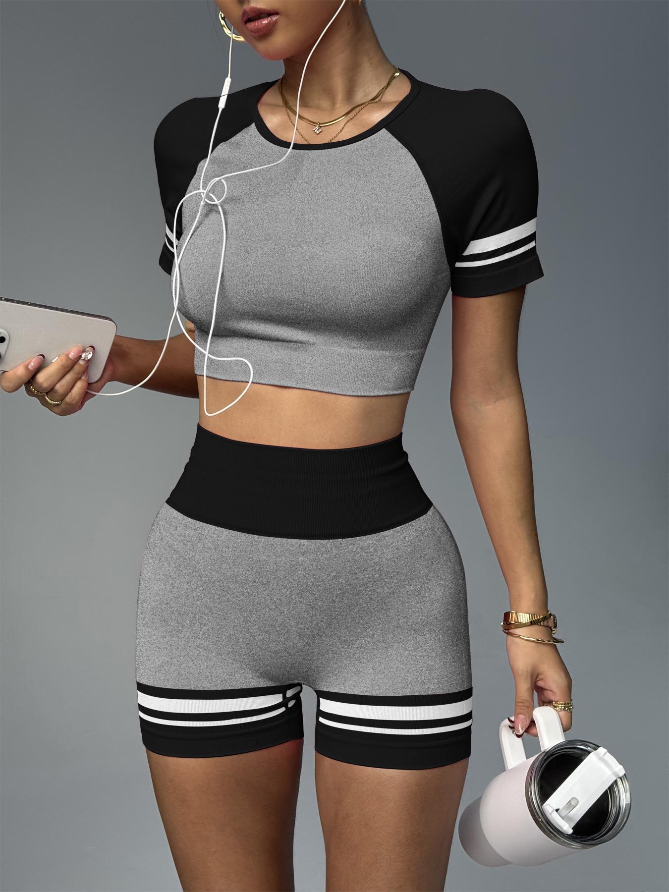 Women's Striped High Waist Gym Shorts, Active Athletic Shorts, Breathable Comfortable Yoga Shorts, High Elasticity Fitness Casual Wear, Ideal for Workouts & Daily Use