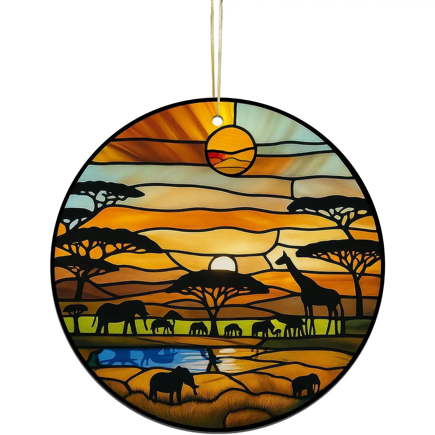 Stained Glass Suncatcher Ornament –  Safari Sunset with Giraffes Elephants Trees – 4 Inch  Window  Boho  Décor  for  Lovers, Christmas Tree, (Sun-31)