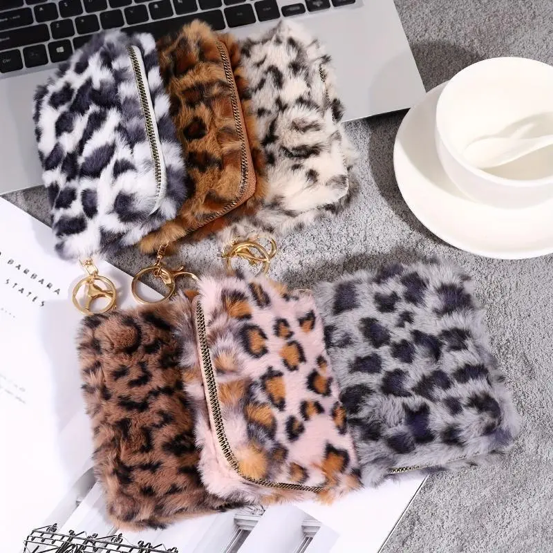 Leopard Print Card Bag for Women, Exquisite Short Wallet in Plush and PU Leather with Multi-Card Slots