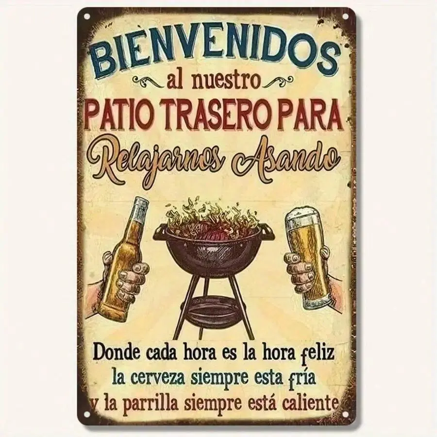 1PC Bienvenidos Patio Tin Sign, Vintage Outdoor Sign, Welcome To Our Backyard BBQ, Perfect For Patio Decor, Retro Garden Sign, High-Quality Metal Sign, Ideal For Outdoor, Kitchen, Cafe, Bar, Perfect For BBQ Enthusiasts, 8x12 Inches / 20x30 Cm