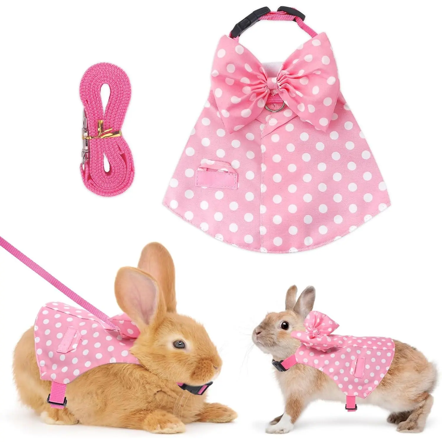 Pink Wave Point Rabbit Supplies Harness Set - Breathable, Escape-Proof, Safe Leash for Outdoor Walking Training of Rabbits, Small Pets