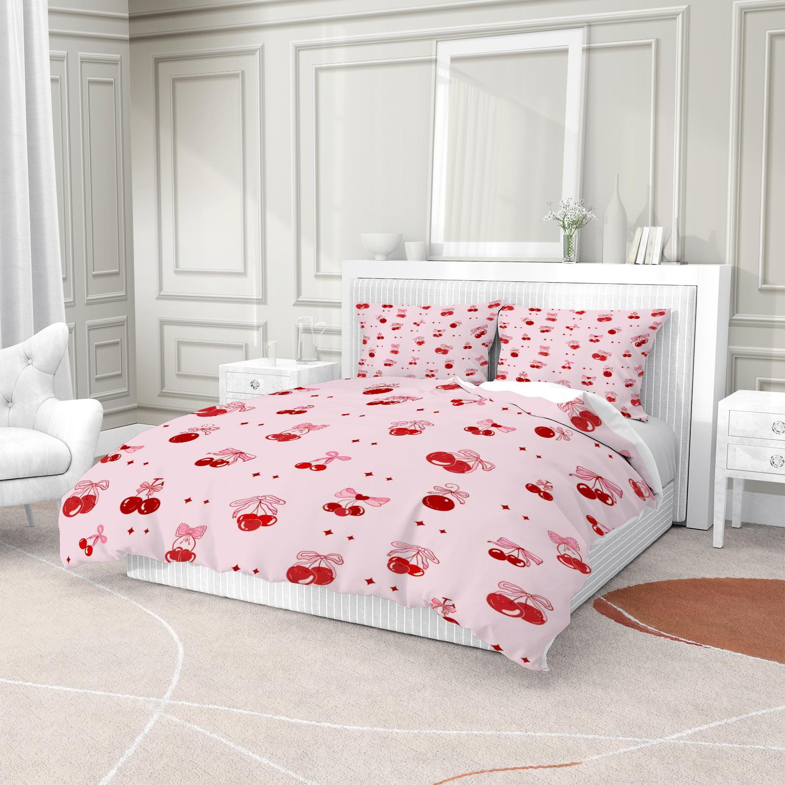 Cherry Bow Pattern Soft Durable Bedding Set, Includes 1 Fitted Sheet & Pillowcases, Perfect Gift for Teens Adults, Modern Bedroom Decor