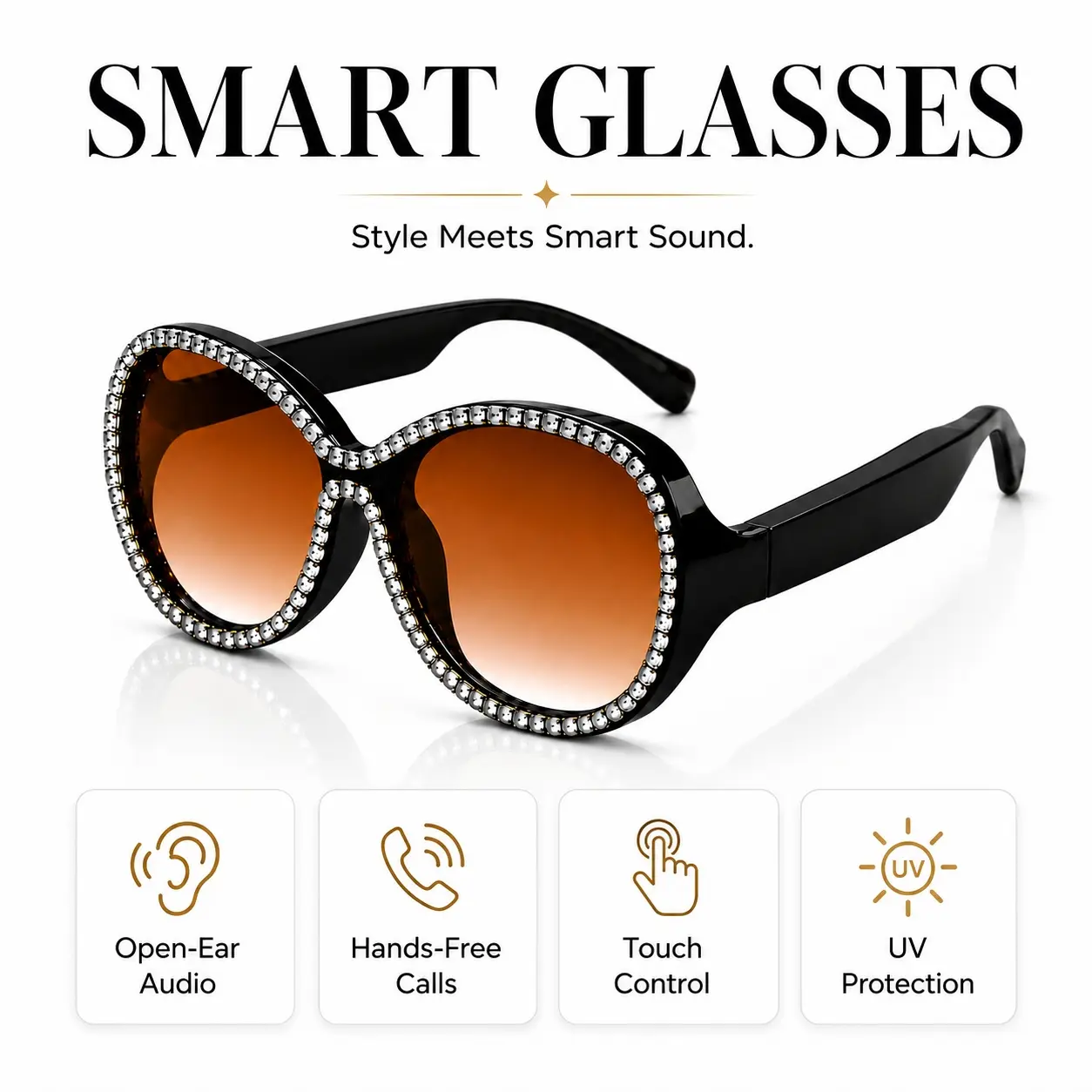 Rhinestone Bluetooth Smart Glasses, Stylish Open-Ear Audio Sunglasses for Women with Built in Mic and Hands-Free Calling,Touch Control
