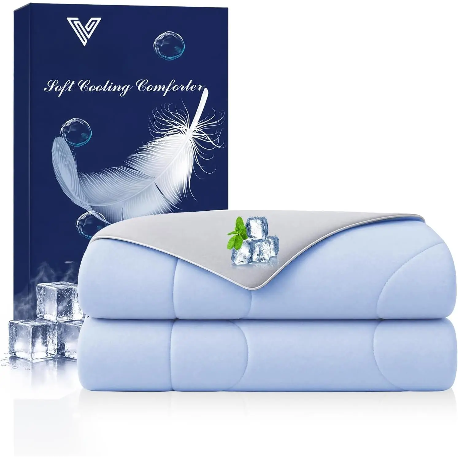 Cooling Comforter  Size for Hot Sleepers & Night Sweats, Luxury Lightweight Cooling Blanket, Soft Double Sided Breathable Summer Comforter,Q-Max>0.425,Machinewashable,90x90,Grey Blue