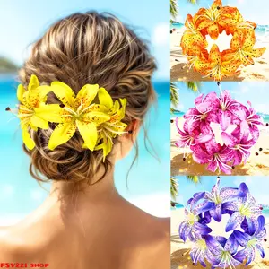 4-PCS Boho Artificial Lily Hair Scrunchie, Big Floral Elastic Hair Band, Vacation Beach Flower Hair Decor for Women - Ideal for Beach Vacation, Wedding, Bridal Photoshoot, Summer Daily & Festival Styling Artificial Lily Flower Scrunchie