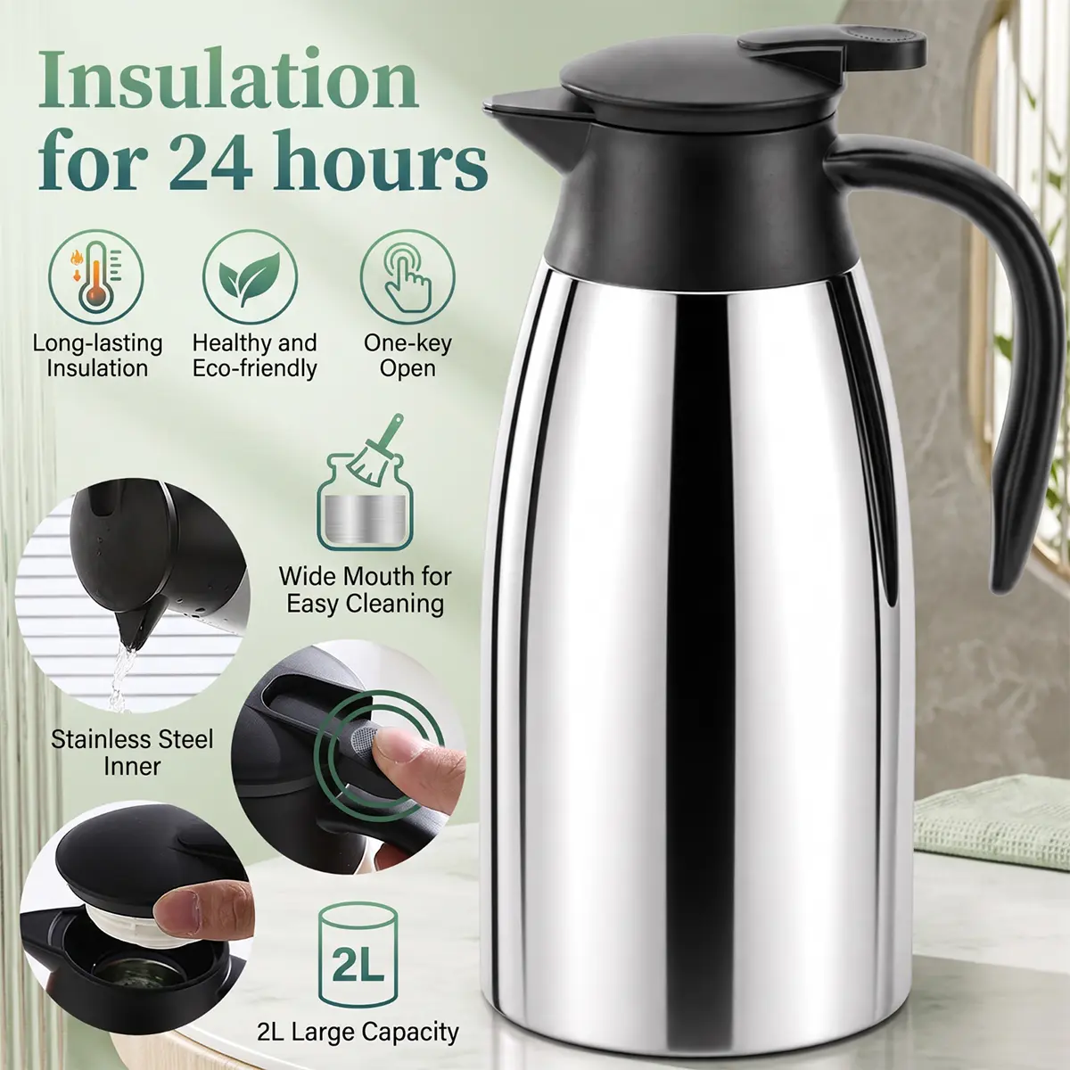 2L Stainless Steel Vacuum Insulated Carafe, 304 Stainless Steel Thermal Coffee Carafe with Push-Button Lid, Leakproof Double Wall Hot Water Tea Carafe for Home, Office & Dorm