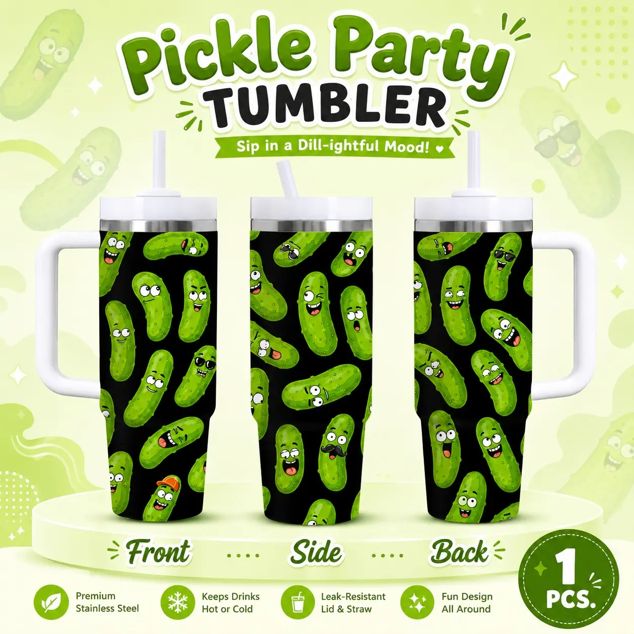 Funny Cartoon Pickle Cucumber Vacuum Flasks 40oz Stainless Steel Vacuum Insulated Tumbler with Handle & Straw | Long-Lasting Cold & Heat Retention, Leak-Resistant | For Iced Coffee, Water, Office, Gym & Travel