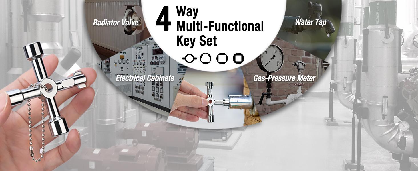 4 Way Sillcock Key Set, Utility Key, Multi-functional Water Key, 2-Pack, for Valve, Faucet, and Spigots