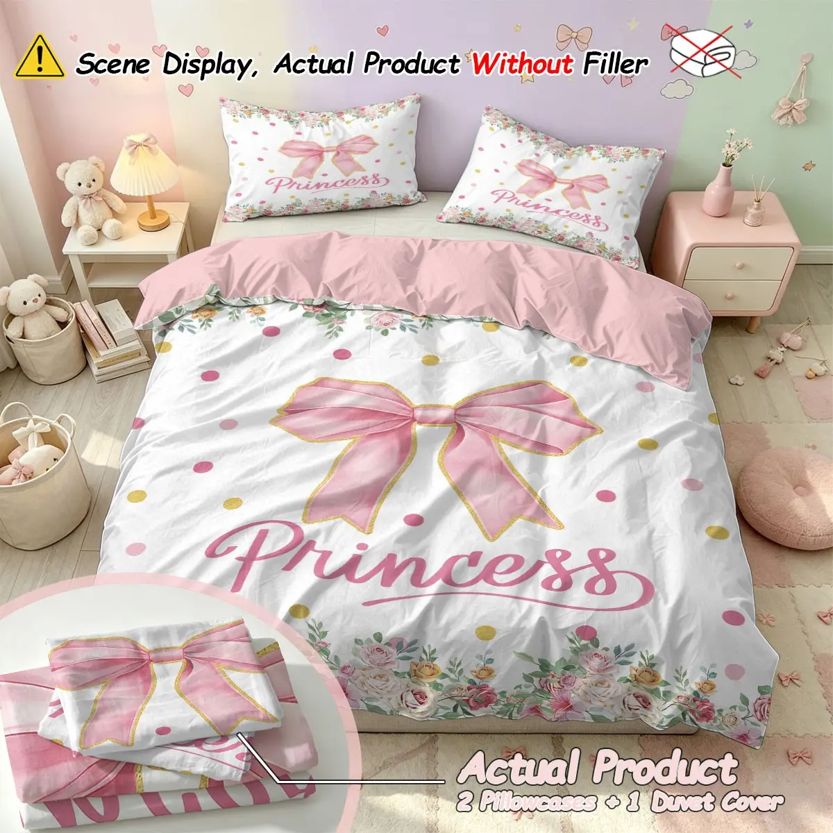 Princess-style bow print 3-Piece Bedding Set for Girls Dorm, (1 Duvet Cover + 2 pillowcases, no filler),Soft Polyester, Machine Washable & No Deformation, Washable Bedding Supplies