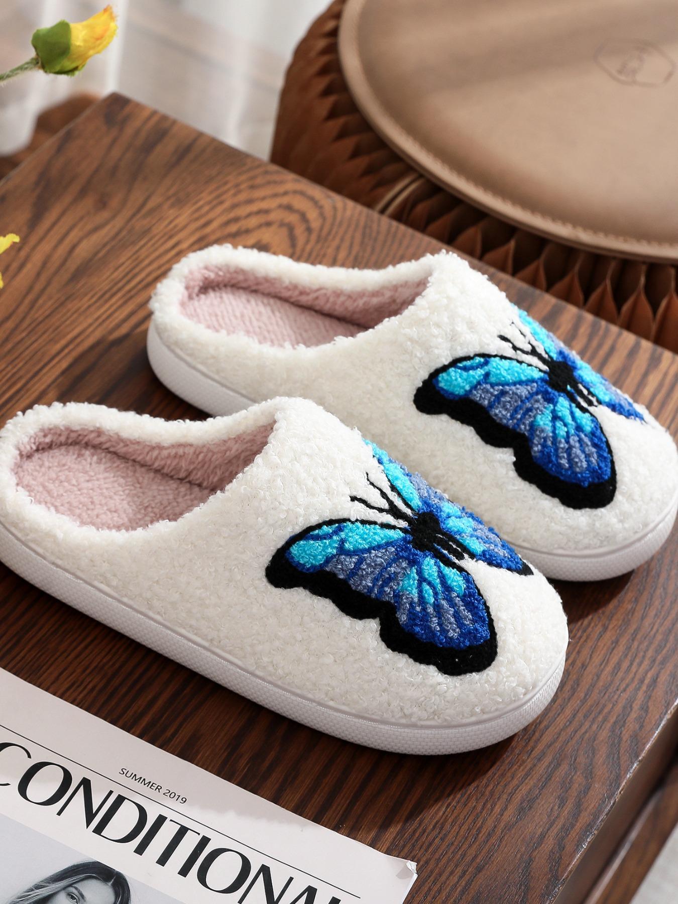 Women's Butterfly Print Plush Slide Slippers, Butterfly Decorated Slides, Butterfly Pattern, Soft Comfy Home Slippers for Summer, Fluffy Bedroom Slippers for Indoor and Outdoor, Footwear