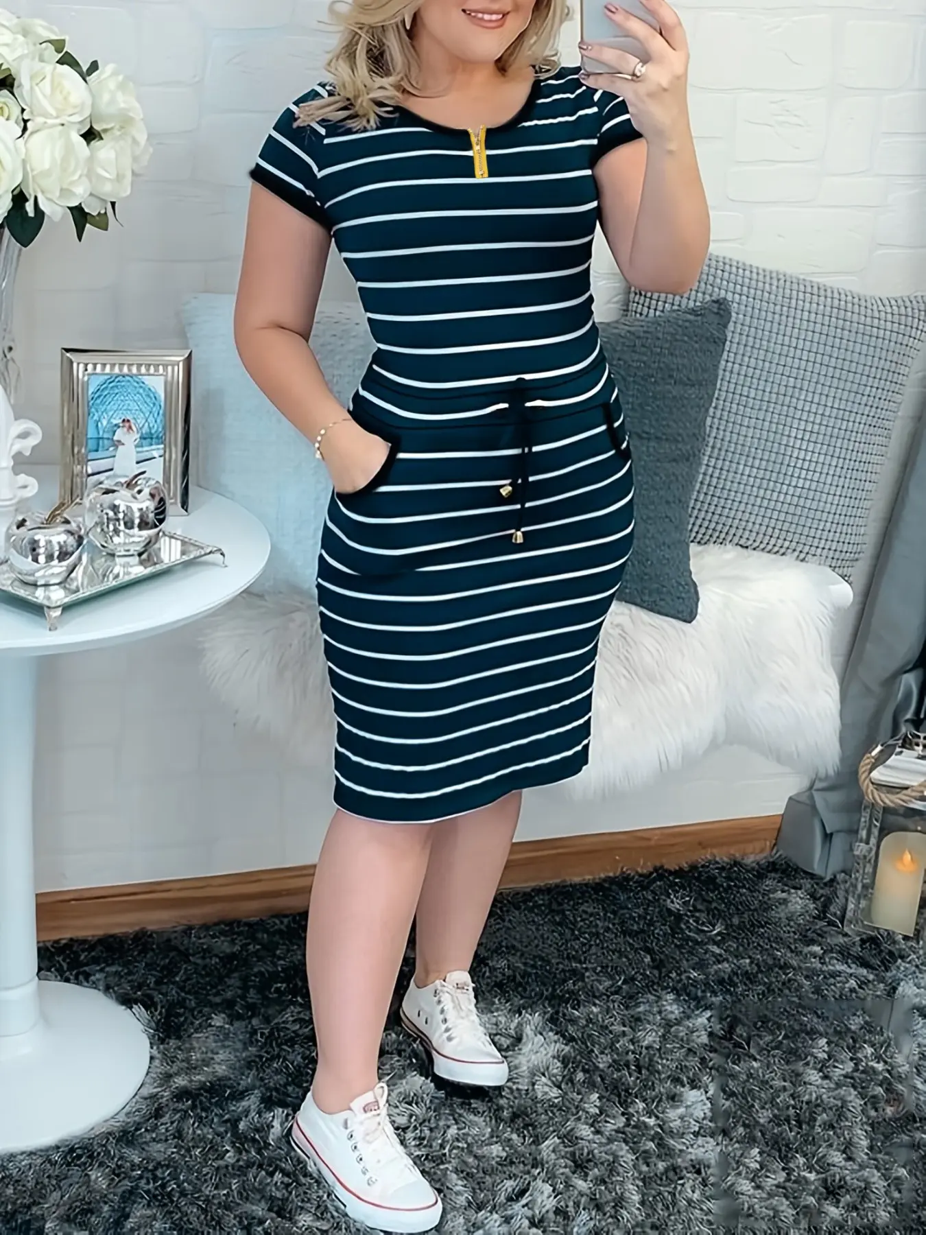 karen millen blue white dress Karen Millen Petite Contrast Wave Knit A-Line Knitted Strappy Dress in Light Blue