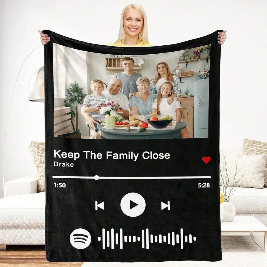  ﻿   Custom Photo Throw Blanket, Custom Spotify Player Family Photo Throw Blanket, Song Name Barcode Music Interface Flannel Blanket Gift For Music Lover # blankets
