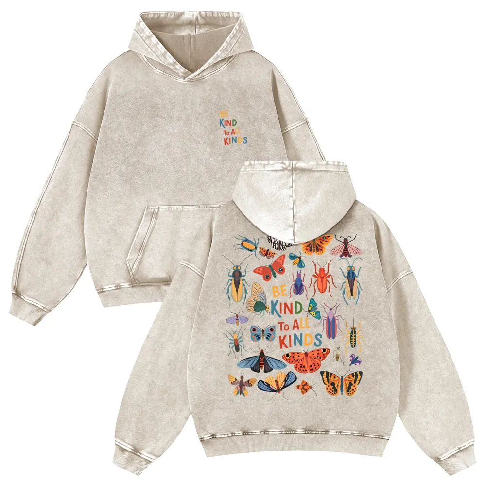 Unisex Vintage Washed Graphic Hoodie, Heavyweight "Be Kind To All Kinds" Bug Print Trendy Sweatshirt, Plus Size, Trendy Hoodies, 5Xl, S, M, Tops, Fit, Casual, Thick