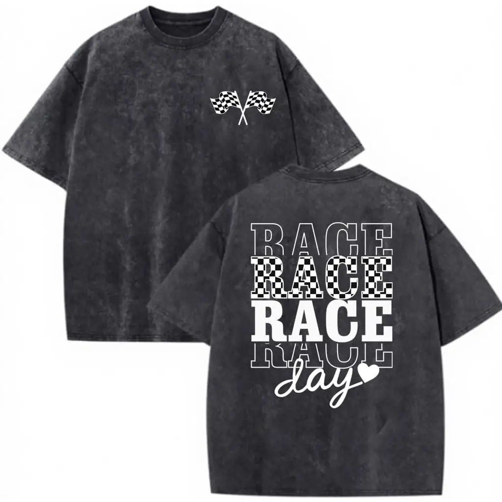 Women's Vintage Washed Cotton Race Day Graphic Tee - Unisex Classic Short Sleeve Crewneck, Checkered Flag Design, Oversized Loose Cargo-Denim Streetwear, Birthday Gift for Enthusiasts