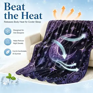 Purple Ornate Crescent Moon Star Cooling Blanket, Arc-Chill Icy Touch for Hot Sleepers, Lightweight Breathable Summer Cover, Multi-Purpose Sofa Bed Cover, Mystic Celestial Galaxy Print for Bed Couch Travel, Perfect Summer Gift, Blanket Gifts
