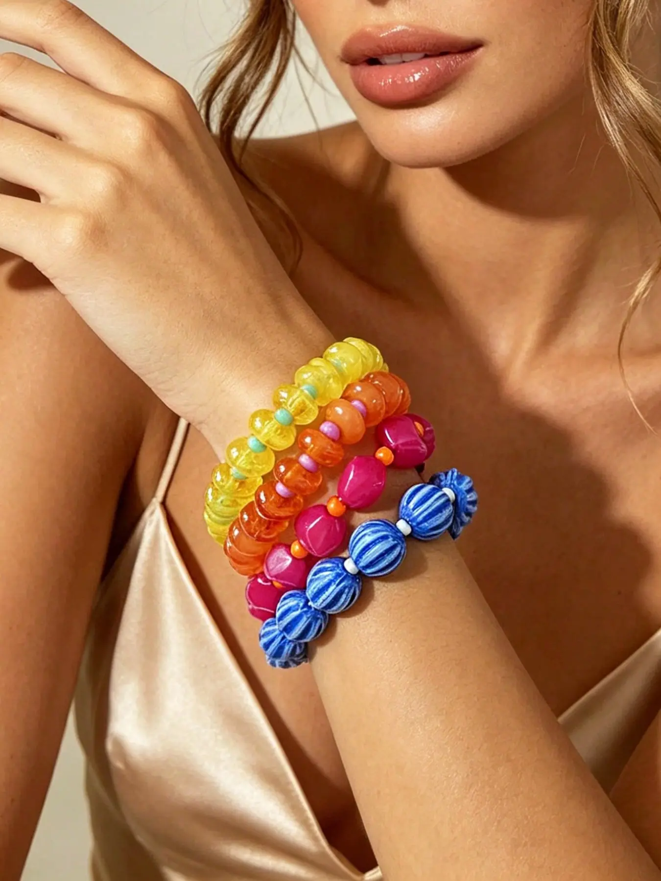 4Pcs Colorful Resin Beaded Stretch Bracelet Set, Y2K Stackable Bracelets, Layered Bracelet Set, Bracelet Combination Set, Beach Jewelry, Festival Party Gift for Women and Girls