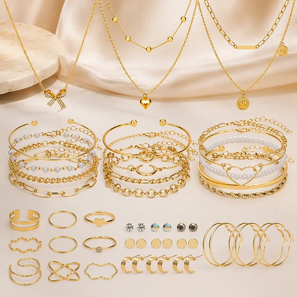This 49-piece Gold Plated stackable jewelry set is perfect for girls—including a stylish and elegant butterfly necklace, heart bracelet, and earrings, suitable for everyday wear, parties, and as a holiday gift., Butterfly Necklaces, Gold Jewelry Sets, Cos