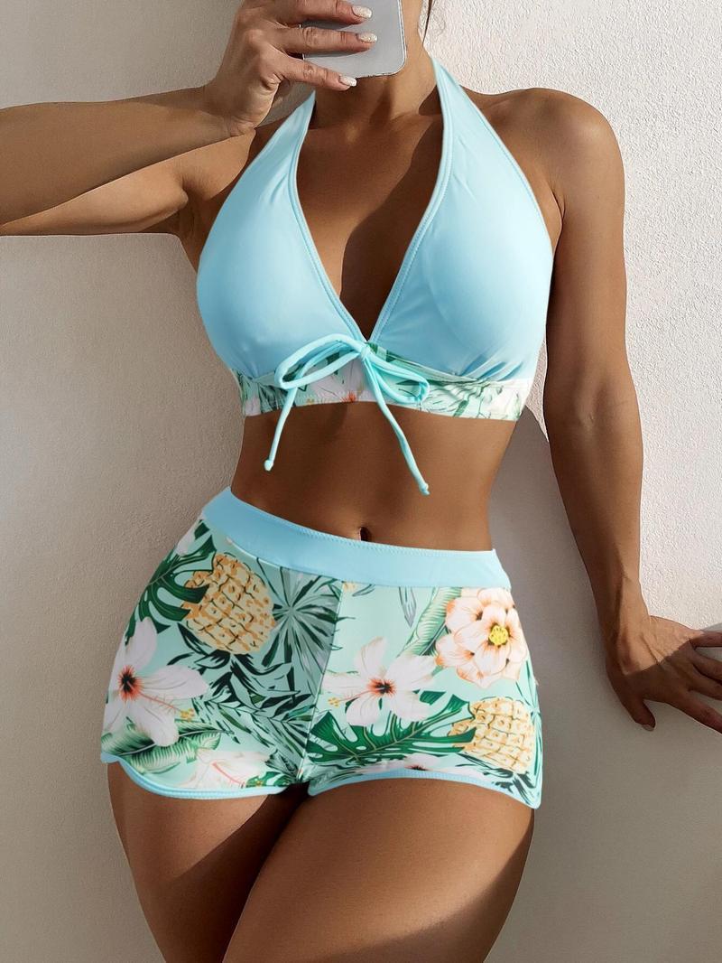 Women’s Tropical Print Tie Front Tankini Set – Two-Piece Halter Swim Top & Shorts for Summer Beach & Vacation Drawstring Bathing Suits