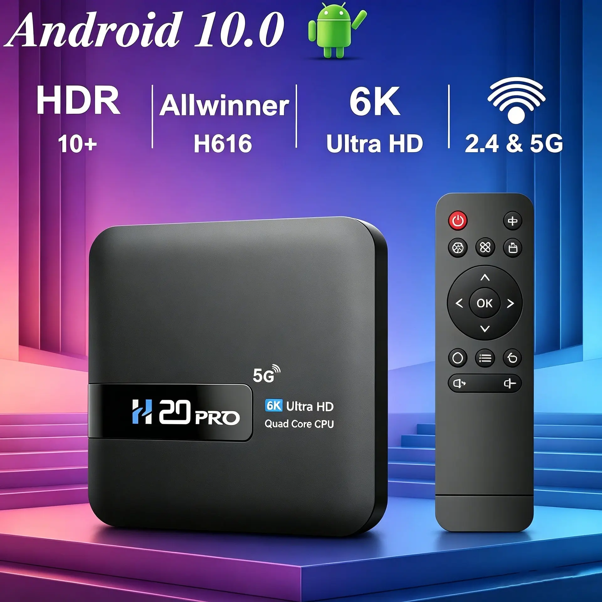 H20 Pro Set-Top Box, Home HD Player, Ultra-HD Quality, Quad-Core Processor, Dual-Band WiFi, Bluetooth-compatible 4.0, Smooth Streaming, Living Room Essential