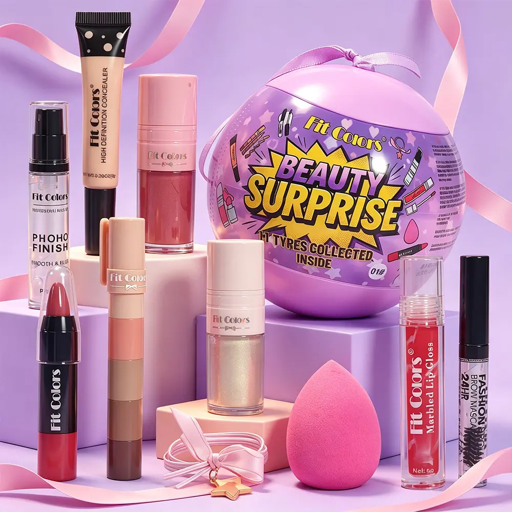 Fit Colors Beauty Surprise Ball Makeup Set, 11Pcs Full Makeup Kit with Lip Gloss Primer Concealer Mascara Eyeshadow, Complete Cosmetic Gift Set for Teen Girls Beginners, Glow Up Kit, Glam Set