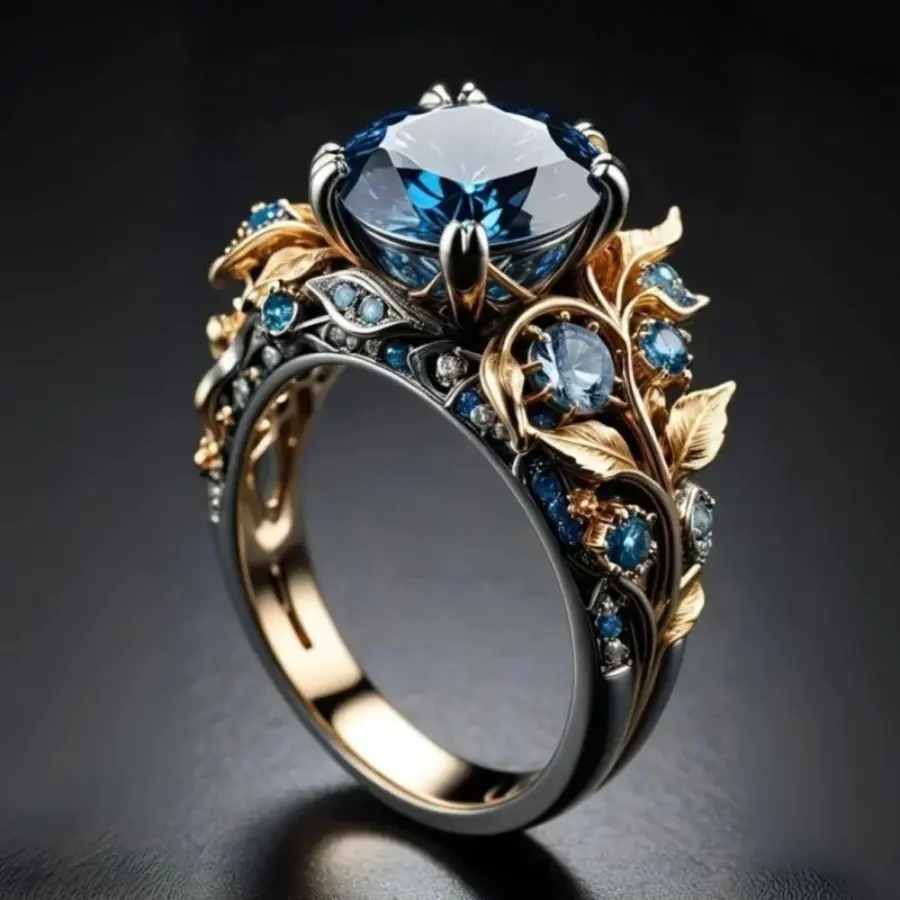 Two-tone retro sapphire bracelet ring, women's fashion embellishment finger jewelry, suitable for cocktail dates, daily wear and stacking on various occasions