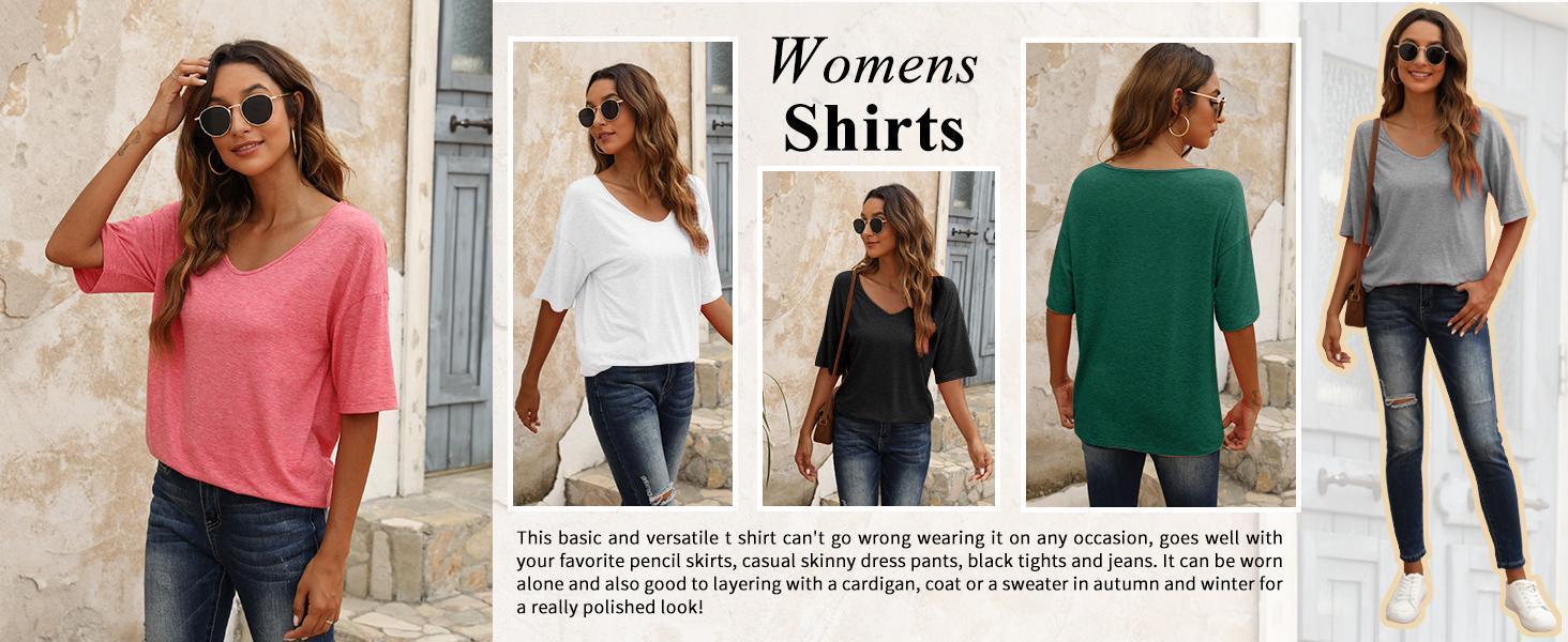 Imily Bela US Women Fashion V-Neck Half Sleeves Oversized T Shirt Solid Casual Loose Basic Tops