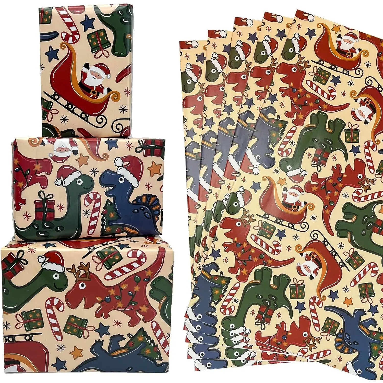 Dinosaur Christmas Wrapping Paper for Women Girls Boys Men - Holiday Wrapping Paper for Winter Christmas Birthday Holiday - 20 X 28 Inches (8 Folded Sheet)