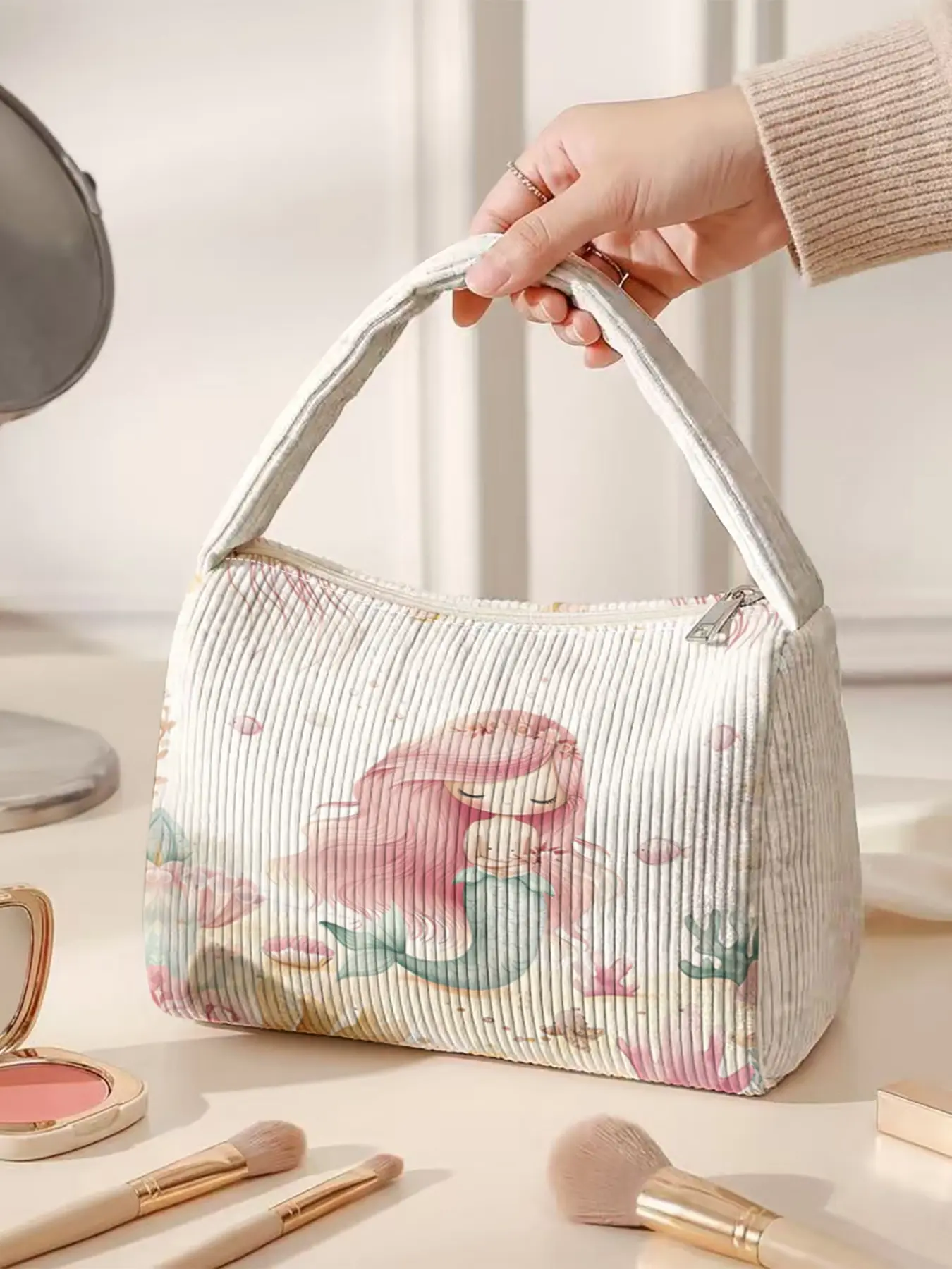 1pc, makeup bag Little mermaid & floral dreamy childlike style 2D printed pattern Linen fabric handbag for makeup, featuring practical large capacity and carrying design, suitable for all daily occasions.