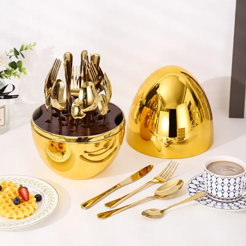 Hot Selling Luxury 24-Piece Gold Egg Storage Box Western Tableware Set, Stainless Steel Cutlery Combination, Creative Egg Shape Organizer