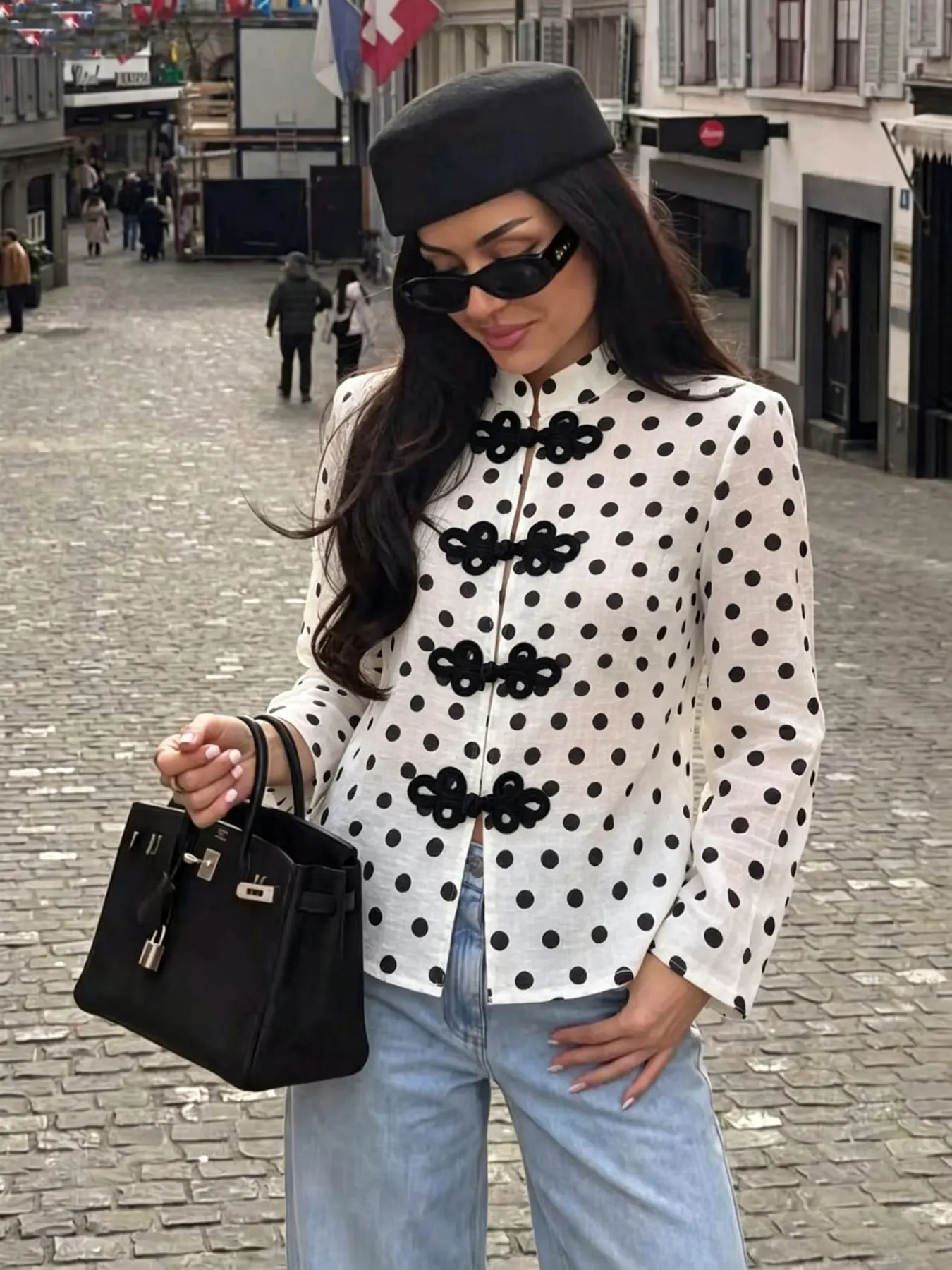 Elegant Chic Chinese Polka Dot Top, Stand Collar Button Long Sleeve Shirt, Blouses, Stylish Traditional Clothing for Women
