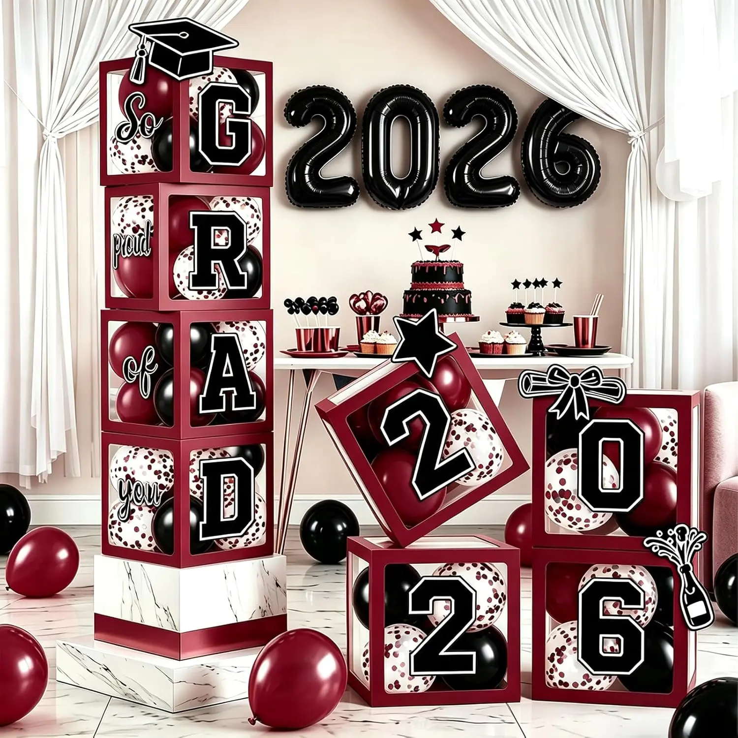 2026 Graduation Balloon Boxes Decorations - Clear Balloon Box Stack with "GRAD" Letters for Graduation Party Table and Floor Display