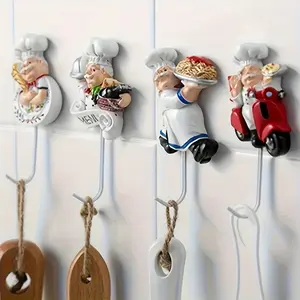 4pcs Chef Doll Wall Decoration Hook, Fat Chef Kitchen Decoration, Resin Wall Hook, Kitchenware Wall Hanging Rack Hook, Home Organization Tool