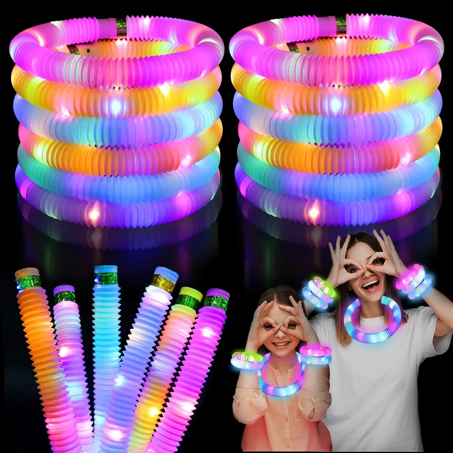 12/24 Pack Thick Plastic Light Up Pop Fidget Tubes, Glow-in-the-Dark Party Supplies for Kids, Large Sensory Sticks for Birthday Goodie Bag Stuffers & Return Gifts, Thick Plastic Party Activities Supplies