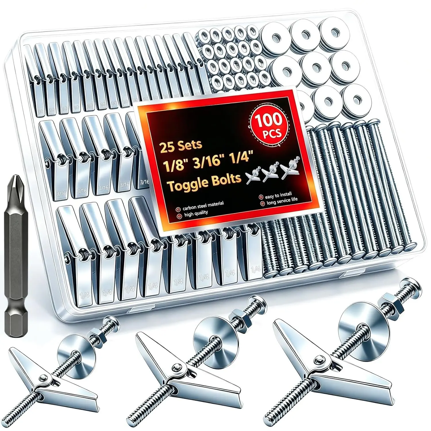 100 count Toggle  Drywall Anchors Kit, 25 Sets 1/8" 3/16" 1/4" Heavy Duty Hollow Wall Anchors with Nuts, Washers and Drill Bit, for  Shelves, Mirrors, TV Mounts, Artwork  Drywall