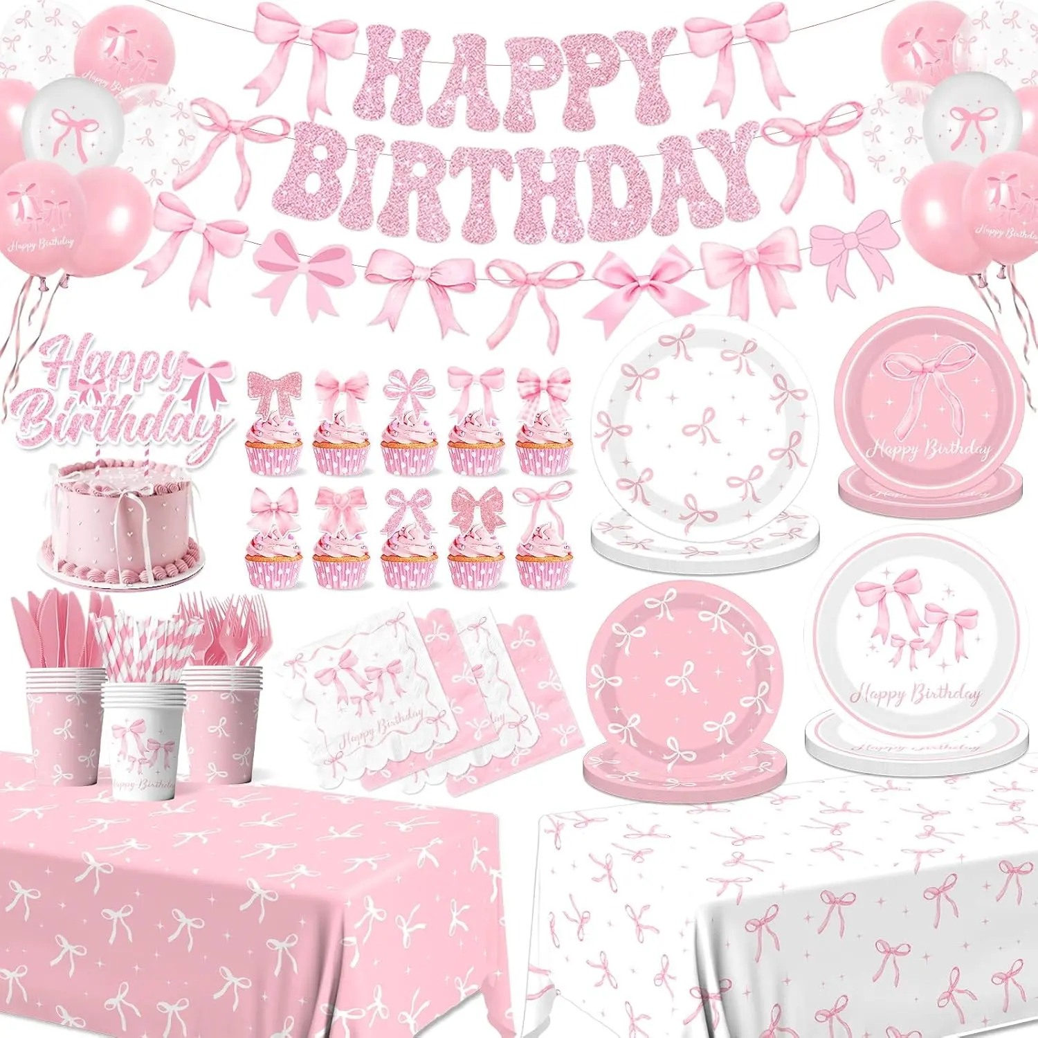 Bow Theme Party Supplies Kit for Girls (Serves 24) - Includes Plates, Napkins, Cups, Banner, Tablecloth, Cake Topper, Balloons, Tableware - Festive Decor for Bachelorette Events & Gifts